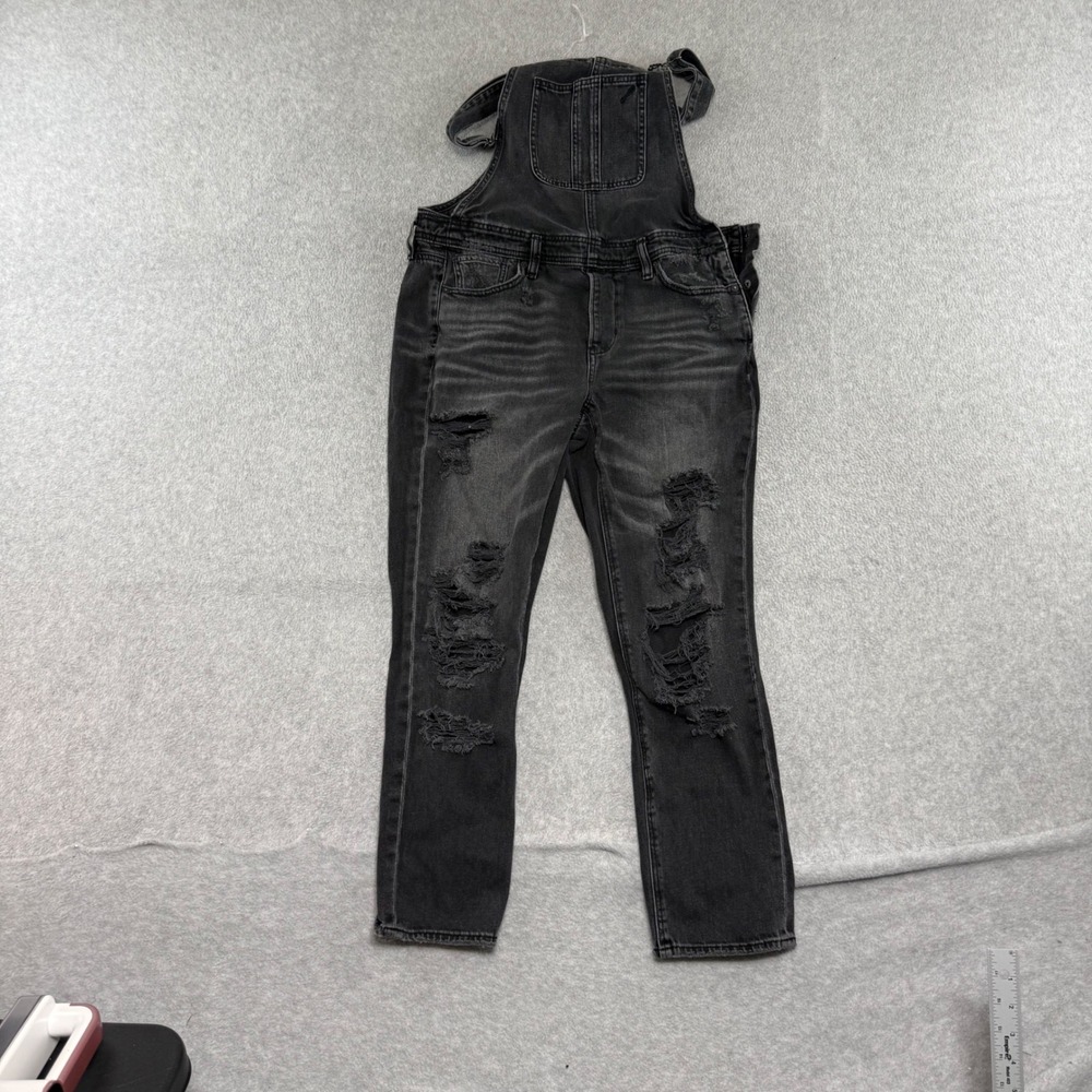 American Eagle Distressed Denim Overalls Womens Medium Black Faded Slim Leg